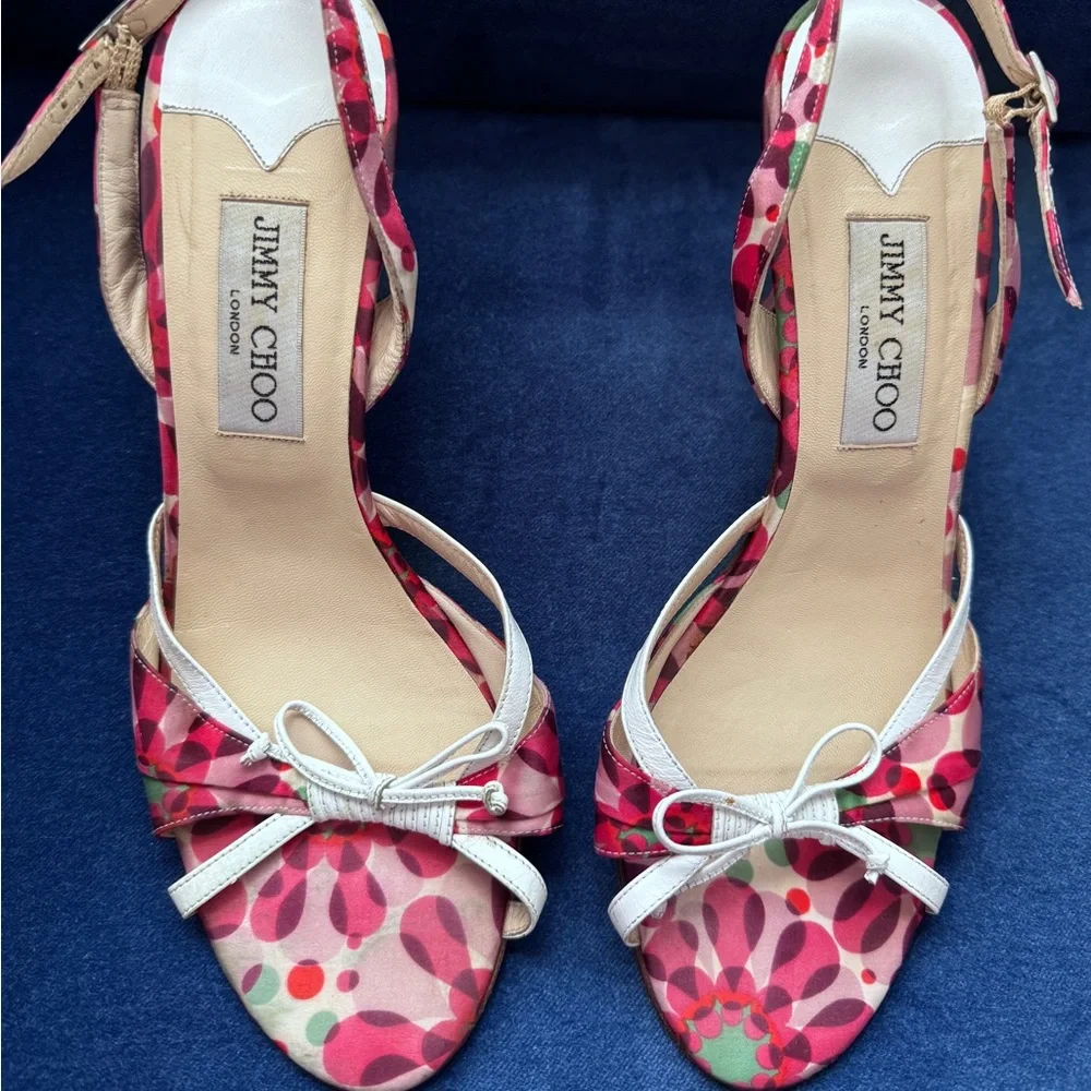 Jimmy Choo Multicolor‎ Floral Print Satin Women’s Sling back Sandals Size 39 1/2 - Picture 3 of 8